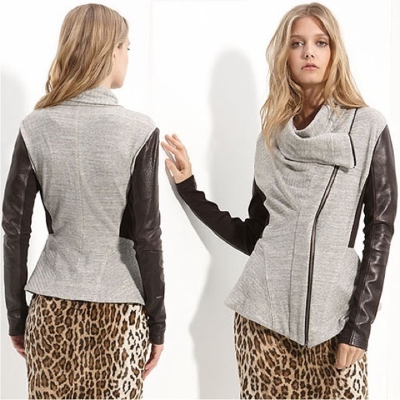 ELIZABETH and JAMES KURT GREY BROWN LAMBS LEATHER SLEEVES ASYMMETRICAL JACKET M - Picture 1 of 13